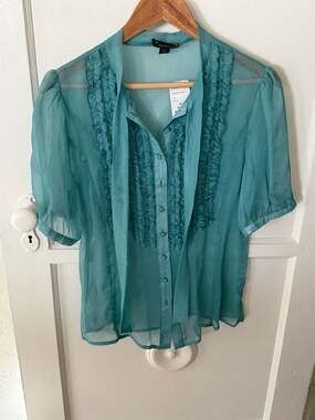Vintage Forever 21 Aqua Ruffle Sheer Chiffon Short Sleeve Blouse with Tie Neck
